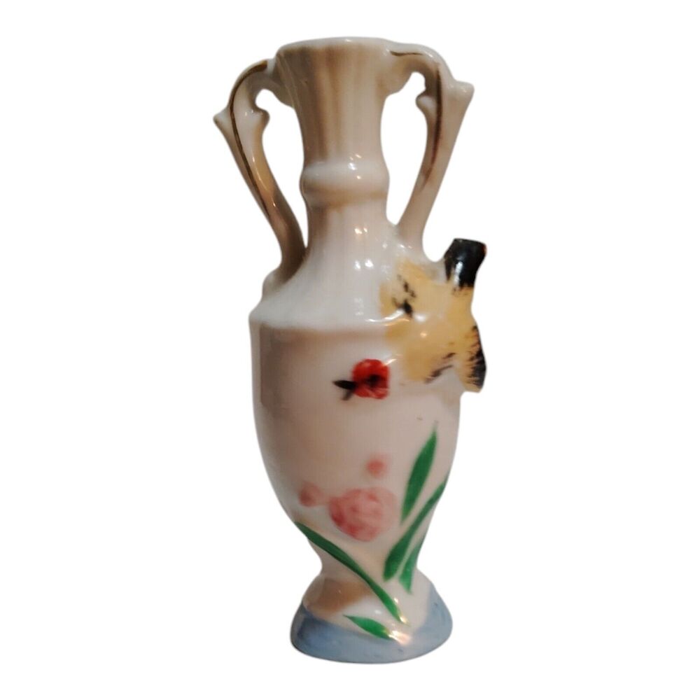 Vintage Hand Painted Porcelain Bud Vase Flowers & Birds Gold Trim Japanese